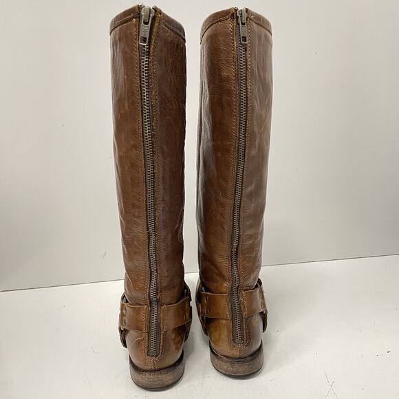 Frye Womens Phillip Riding Boots Size 7 Tall Cognac Soft Vintage Leather Harness - Picture 9 of 13